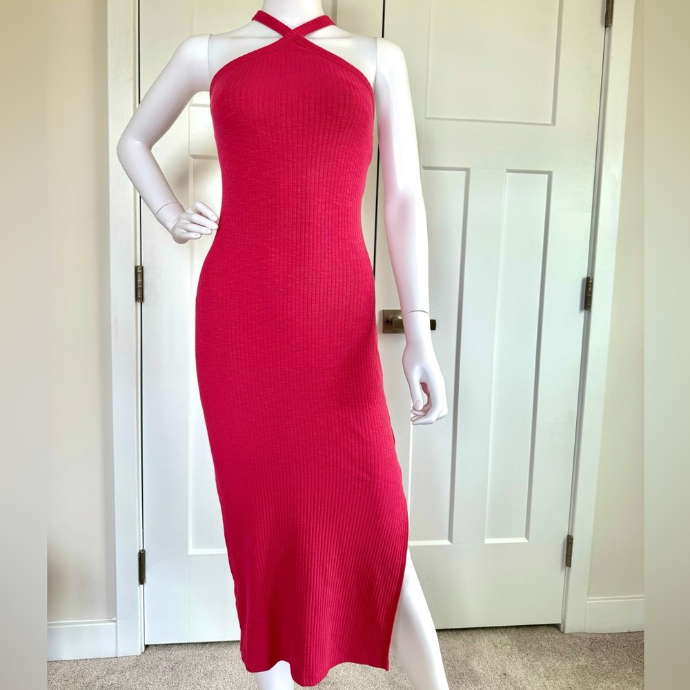 Hot pink ribbed maxi dress